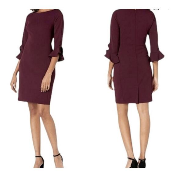 Karl Lagerfeld Paris Women's Tulip Bell Sleeve Crepe Dress Burgundy Size 4 - Picture 1 of 4